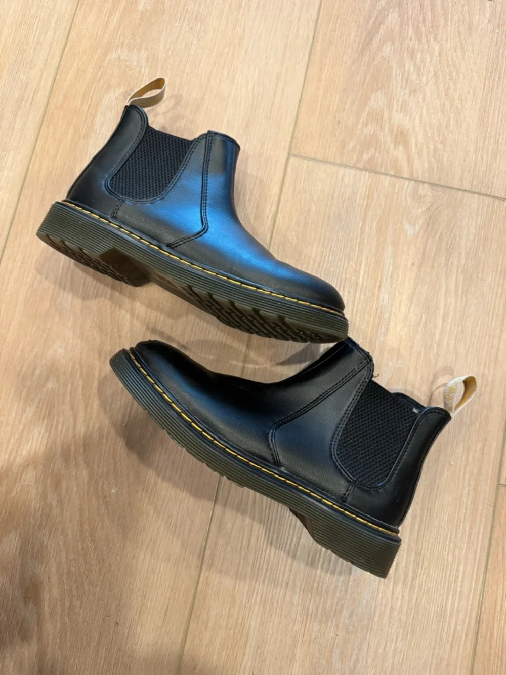 Dr. Martens Black Vegan Leather Ankle Boots with Yellow Stitch Accents